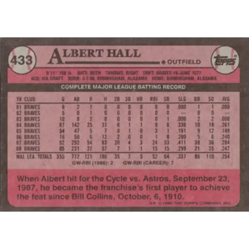 1989 Topps #433 Albert Hall NM-MT Atlanta Braves Baseball Card - Baseball Card Single