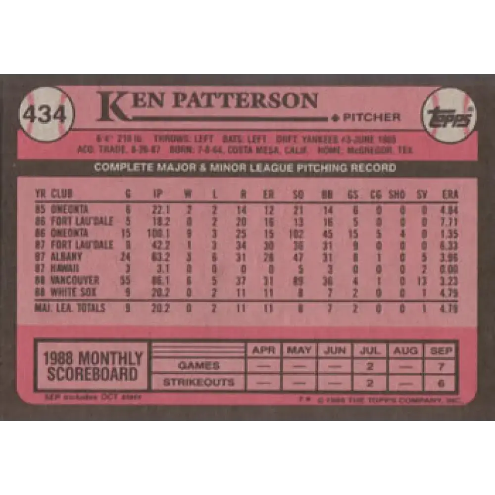 1989 Topps #434 Ken Patterson NM-MT Chicago White Sox Baseball Card - Baseball Card Single