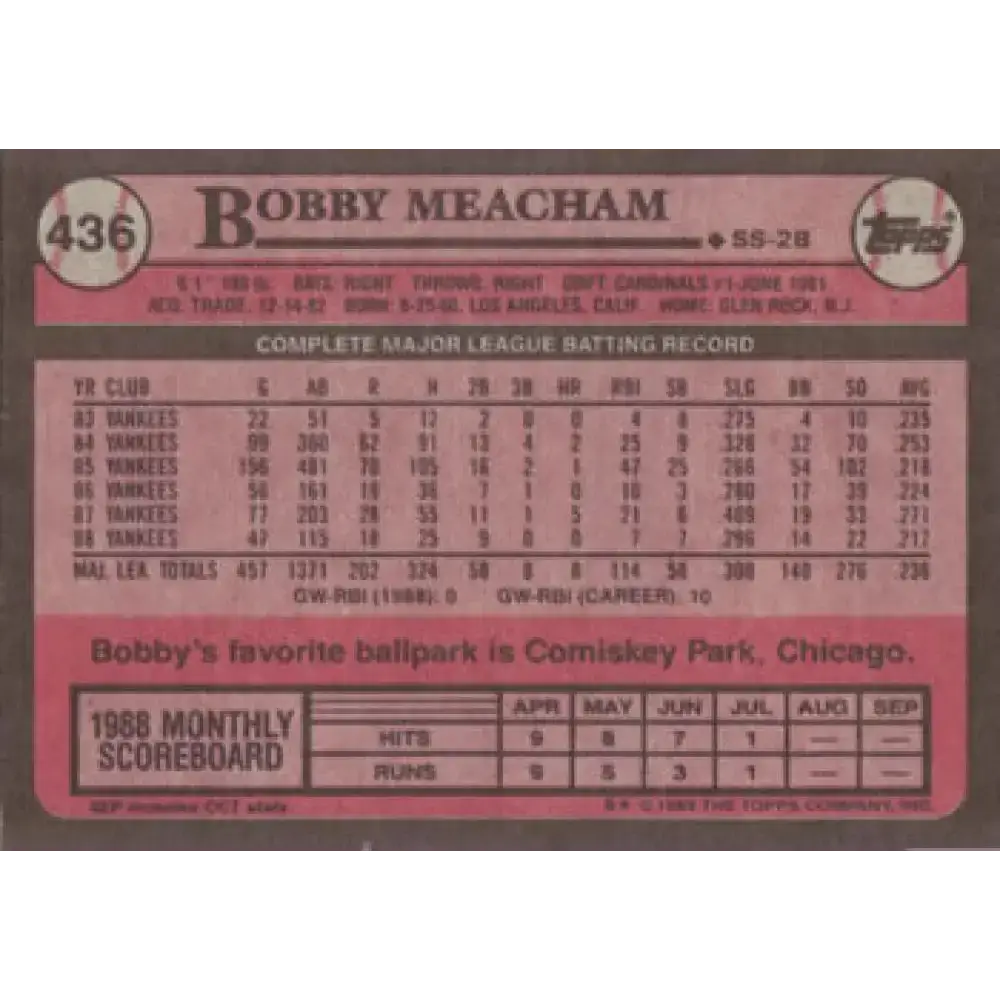 1989 Topps #436 Bobby Meacham NM-MT New York Yankees Baseball Card - Baseball Card Single