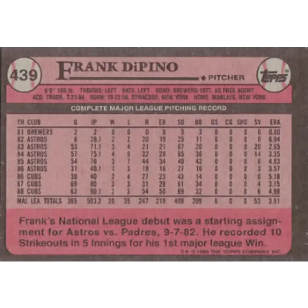 1989 Topps #439 Frank DiPino NM-MT Chicago Cubs Baseball Card - Baseball Card Single