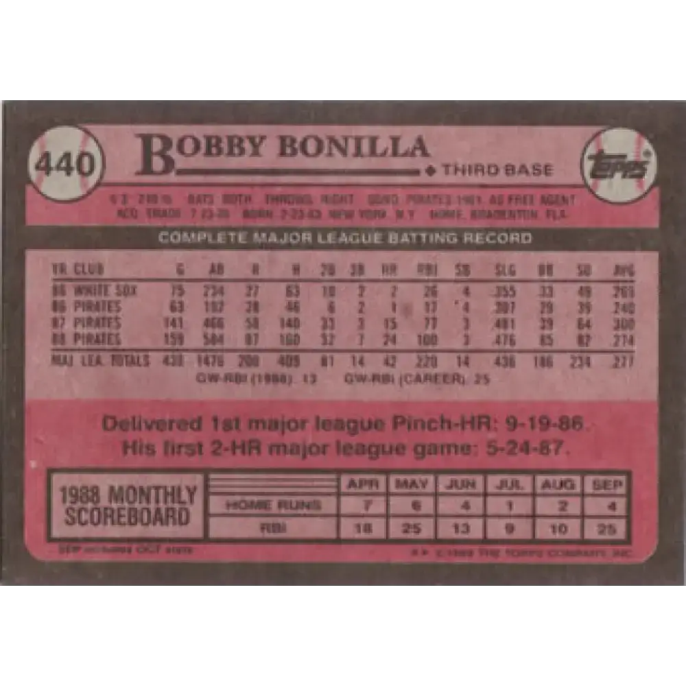 1989 Topps #440 Bobby Bonilla NM-MT Pittsburgh Pirates Baseball Card - Baseball Card Single