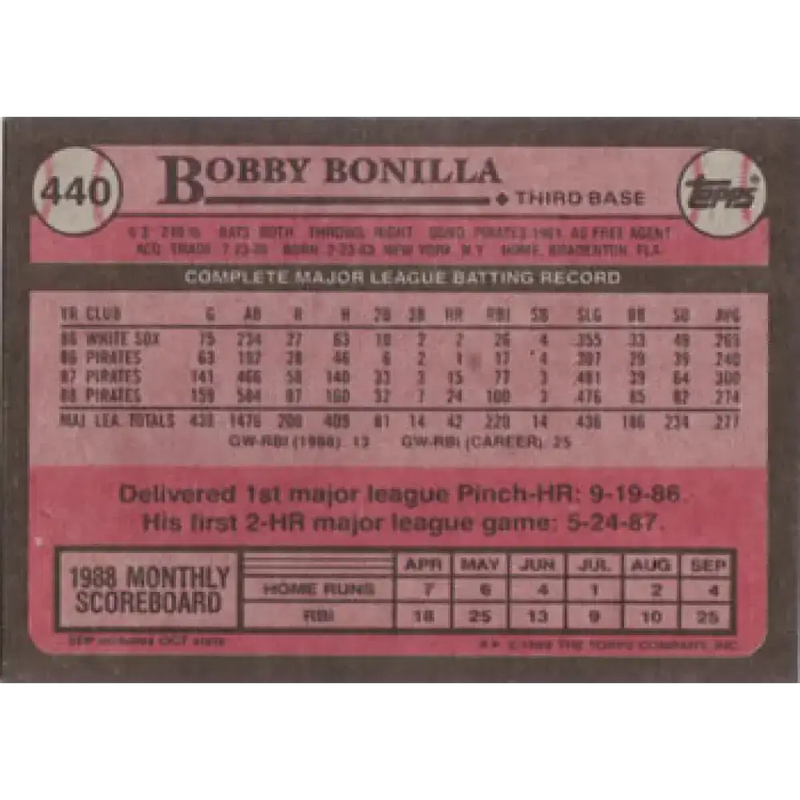 1989 Topps #440 Bobby Bonilla NM-MT Pittsburgh Pirates Baseball Card - Baseball Card Single