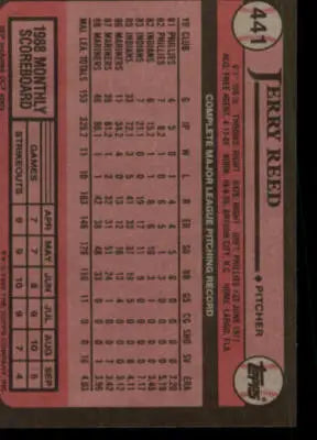 1989 Topps Jerry Reed baseball card back with original gloss, part of sports cards collection
