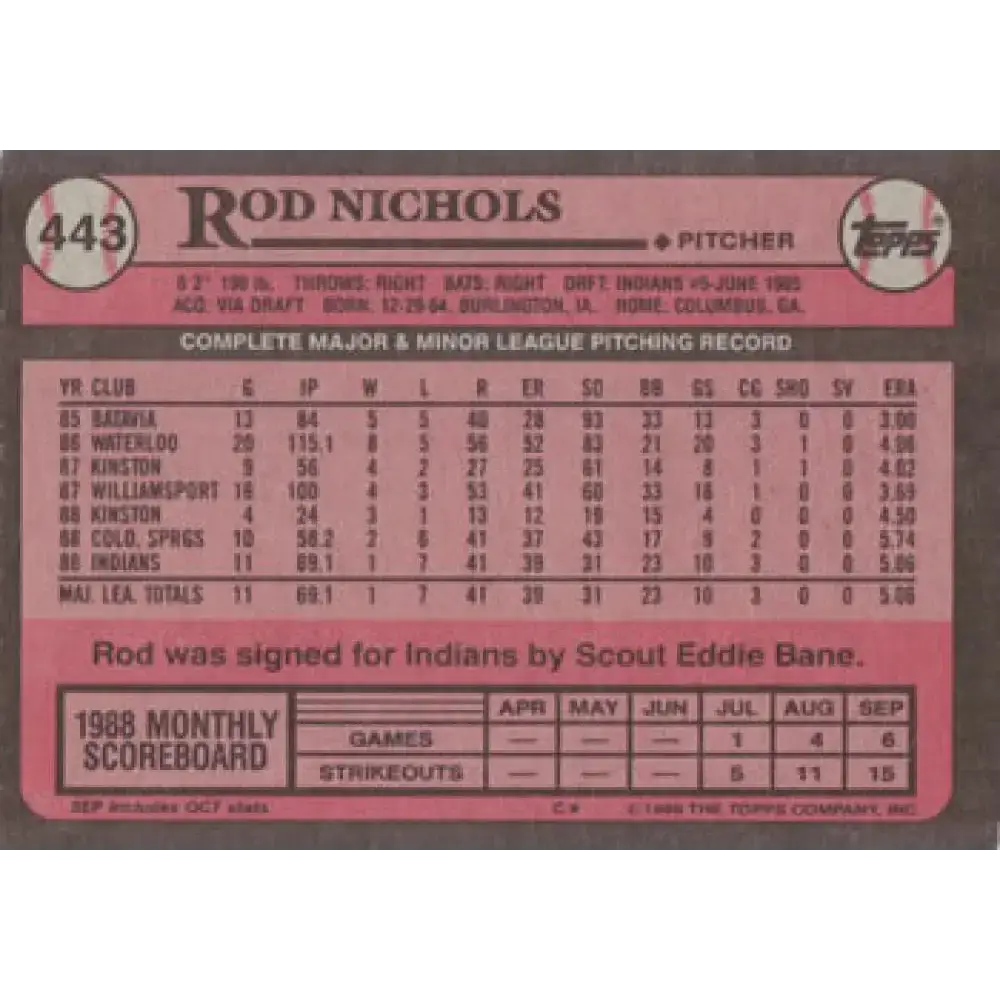 1989 Topps #443 Rod Nichols NM-MT RC Rookie Cleveland Indians Baseball Card - Baseball Card Single