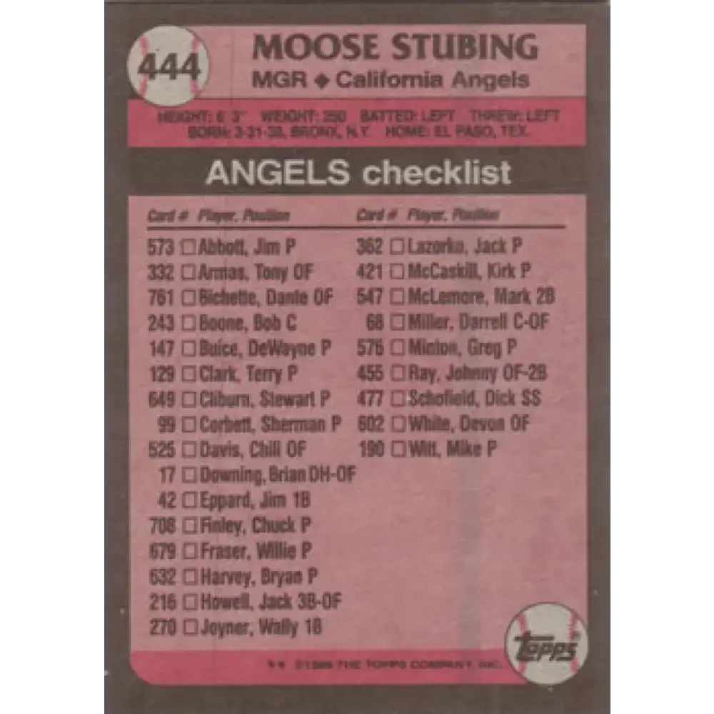 1989 Topps #444 Moose Stubing MG NM-MT California Angels Baseball Card - Baseball Card Single