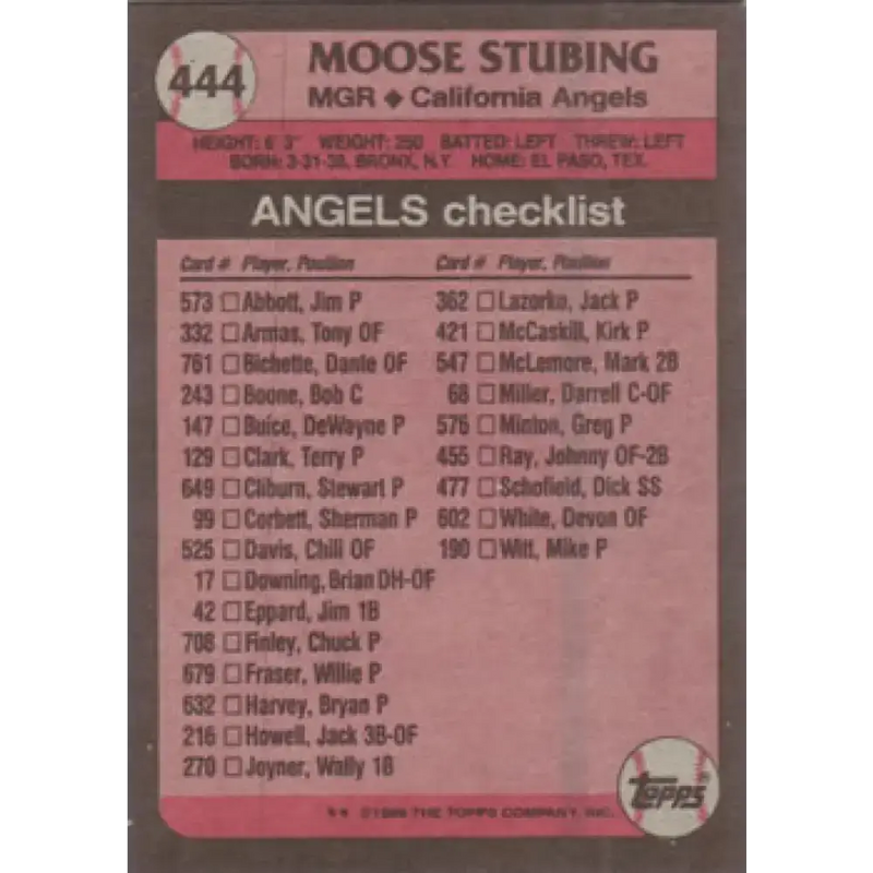 1989 Topps #444 Moose Stubing MG NM-MT California Angels Baseball Card - Baseball Card Single