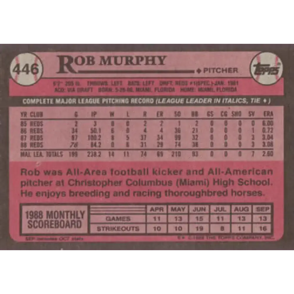 1989 Topps #446 Rob Murphy NM-MT Cincinnati Reds Baseball Card - Baseball Card Single