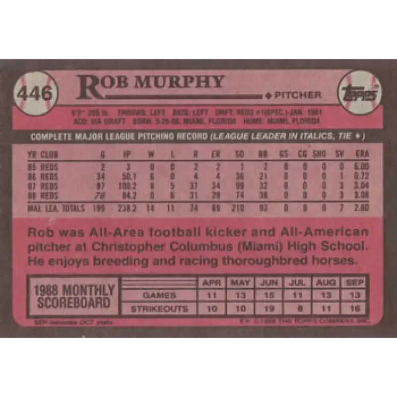 1989 Topps #446 Rob Murphy NM-MT Cincinnati Reds Baseball Card - Baseball Card Single