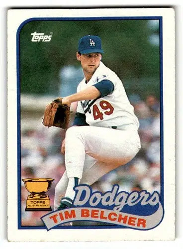 1989 Topps Tim Belcher baseball card featuring Los Angeles Dodgers player Tim Belcher Los Angeles Dodgers