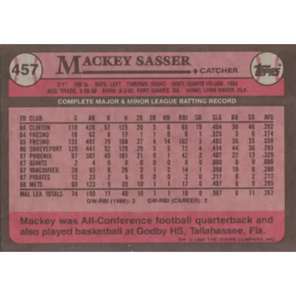 1989 Topps #457 Mackey Sasser NM-MT New York Mets Baseball Card - Baseball Card Single