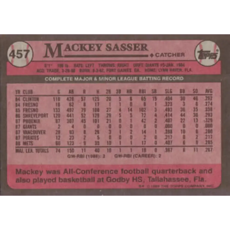 1989 Topps #457 Mackey Sasser NM-MT New York Mets Baseball Card - Baseball Card Single