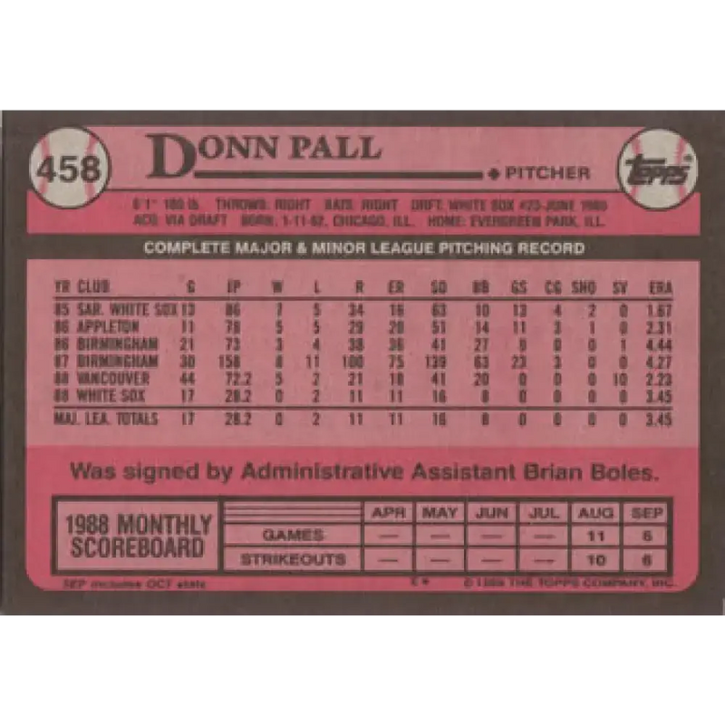 1989 Topps #458 Donn Pall NM-MT RC Rookie Chicago White Sox Baseball Card - Baseball Card Single