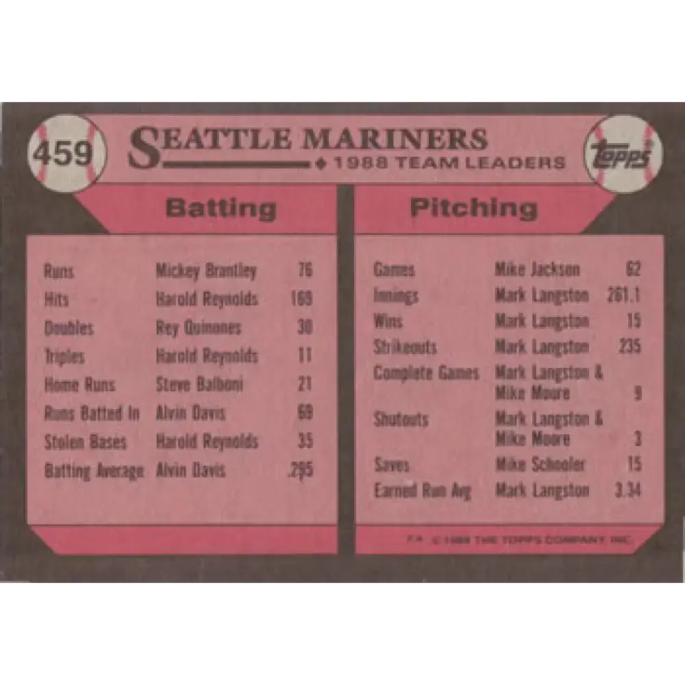 1989 Topps #459 Dave Valle Seattle Mariners TL NM-MT Seattle Mariners Baseball Card - Baseball Card Single