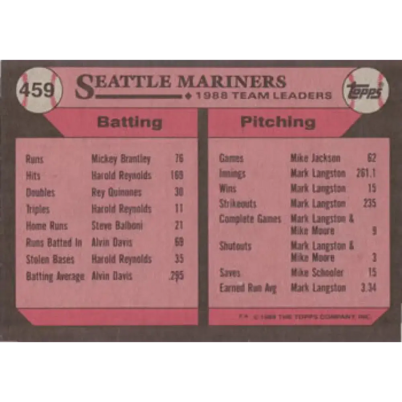 1989 Topps #459 Dave Valle Seattle Mariners TL NM-MT Seattle Mariners Baseball Card - Baseball Card Single