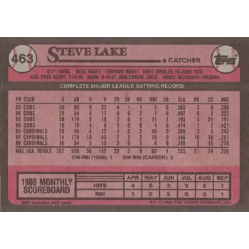 1989 Topps #463 Steve Lake NM-MT St. Louis Cardinals Baseball Card - Baseball Card Single