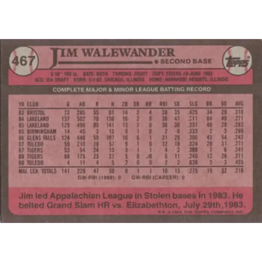 1989 Topps #467 Jim Walewander NM-MT Detroit Tigers Baseball Card - Baseball Card Single