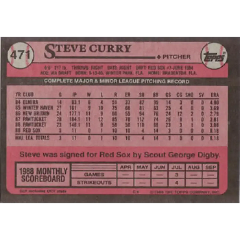 1989 Topps #471 Steve Curry NM-MT RC Rookie Boston Red Sox Baseball Card - Baseball Card Single