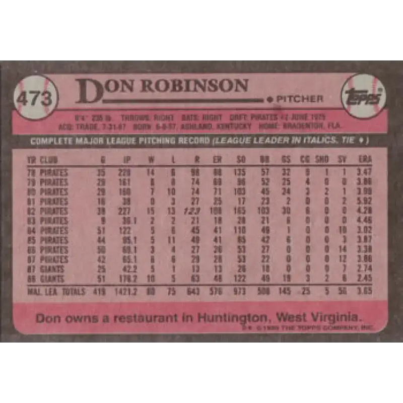 1989 Topps #473 Don Robinson NM-MT San Francisco Giants Baseball Card - Baseball Card Single