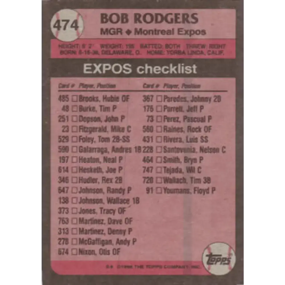 1989 Topps #474 Bob Rodgers MG NM-MT Montreal Expos Baseball Card - Baseball Card Single
