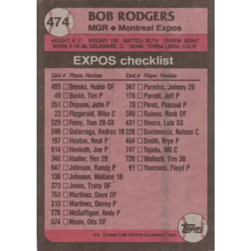 1989 Topps #474 Bob Rodgers MG NM-MT Montreal Expos Baseball Card - Baseball Card Single