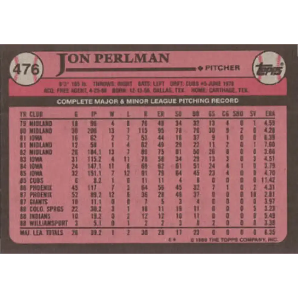 1989 Topps #476 Jon Perlman NM-MT Cleveland Indians Baseball Card - Baseball Card Single