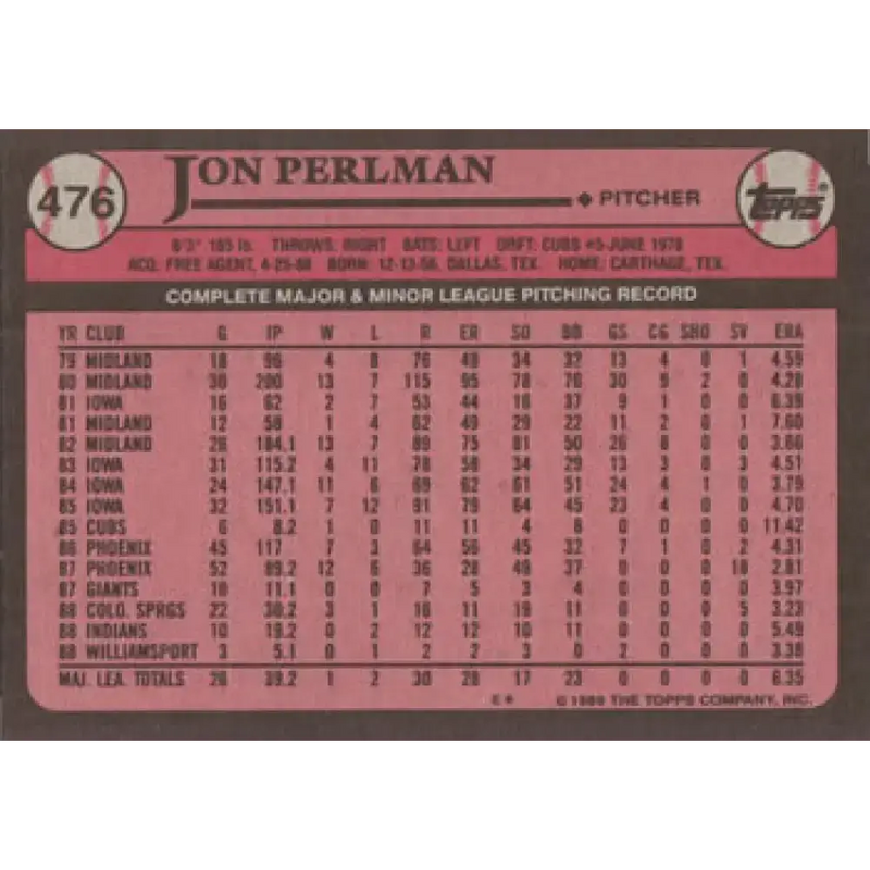 1989 Topps #476 Jon Perlman NM-MT Cleveland Indians Baseball Card - Baseball Card Single