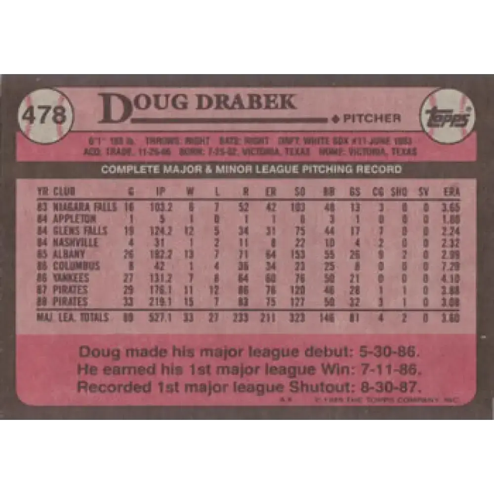 1989 Topps #478 Doug Drabek NM-MT Pittsburgh Pirates Baseball Card - Baseball Card Single