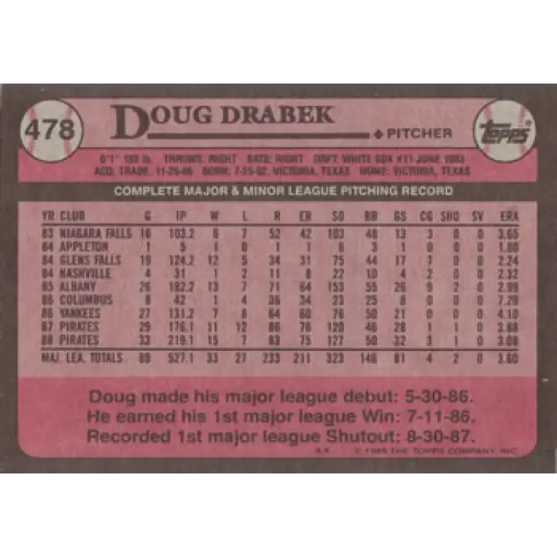 1989 Topps #478 Doug Drabek NM-MT Pittsburgh Pirates Baseball Card - Baseball Card Single