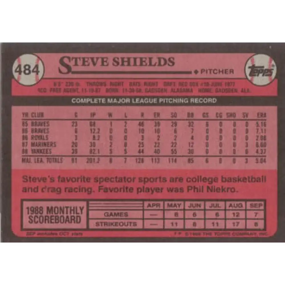 1989 Topps #484 Steve Shields NM-MT New York Yankees Baseball Card - Baseball Card Single