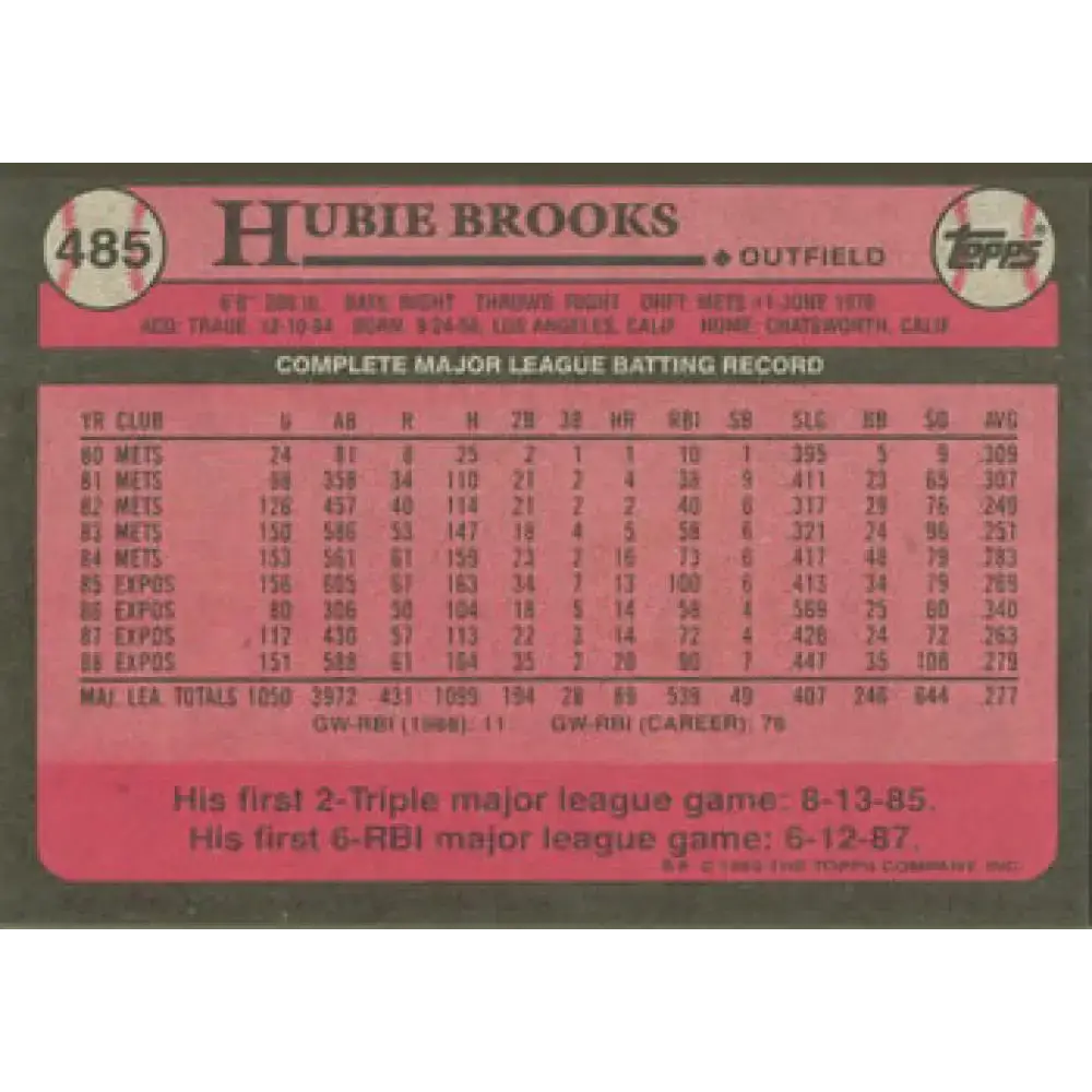 1989 Topps #485 Hubie Brooks NM-MT Montreal Expos Baseball Card - Baseball Card Single