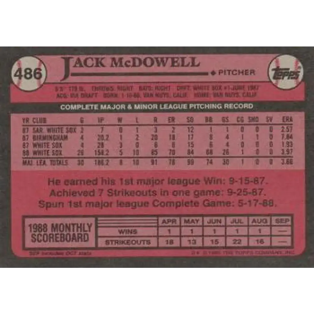 1989 Topps #486 Jack McDowell NM-MT Chicago White Sox Baseball Card - Baseball Card Single