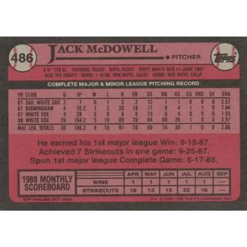 1989 Topps #486 Jack McDowell NM-MT Chicago White Sox Baseball Card - Baseball Card Single