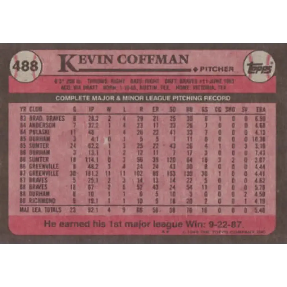 1989 Topps #488 Kevin Coffman NM-MT Chicago Cubs Baseball Card - Baseball Card Single
