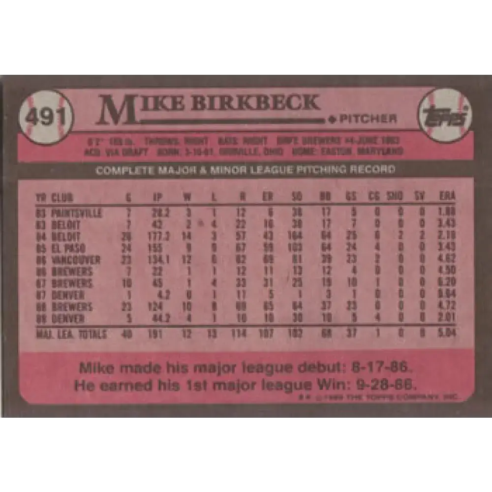 1989 Topps #491 Mike Birkbeck NM-MT Milwaukee Brewers Baseball Card - Baseball Card Single