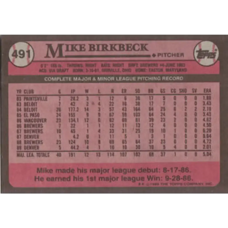 1989 Topps #491 Mike Birkbeck NM-MT Milwaukee Brewers Baseball Card - Baseball Card Single