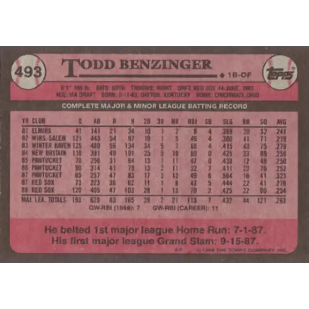 1989 Topps #493 Todd Benzinger NM-MT Boston Red Sox Baseball Card - Baseball Card Single