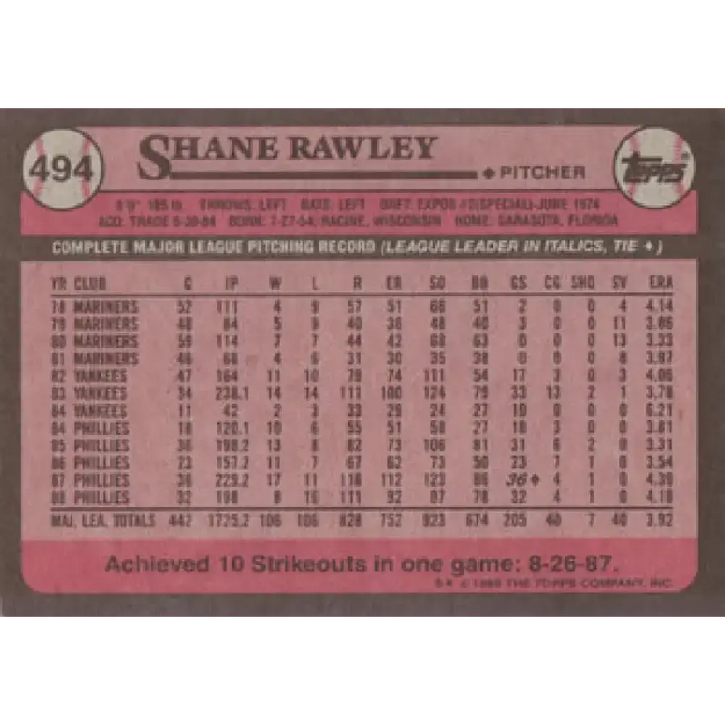 1989 Topps #494 Shane Rawley NM-MT Philadelphia Phillies Baseball Card - Baseball Card Single