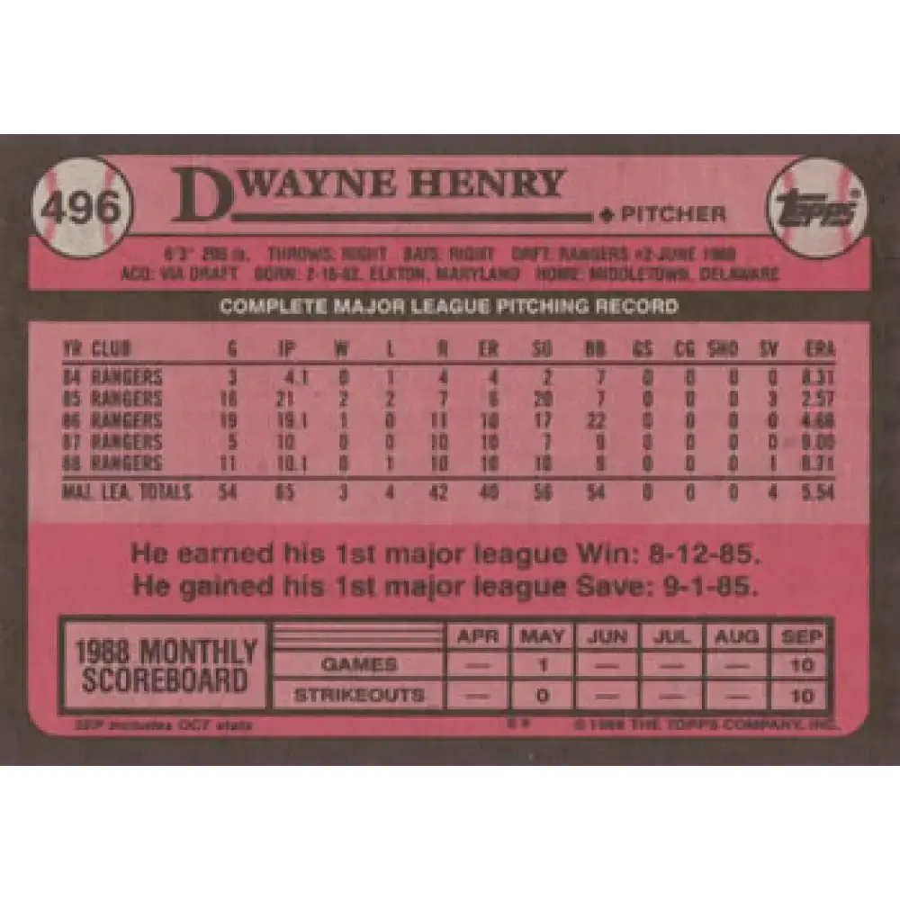 1989 Topps #496 Dwayne Henry NM-MT Texas Rangers Baseball Card - Baseball Card Single