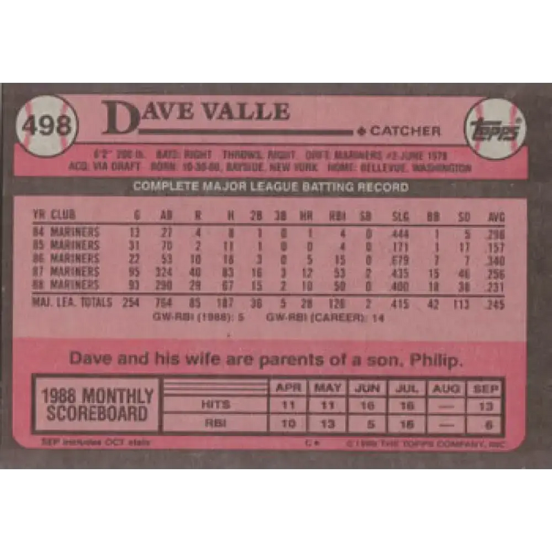 1989 Topps #498 Dave Valle NM-MT Seattle Mariners Baseball Card - Baseball Card Single