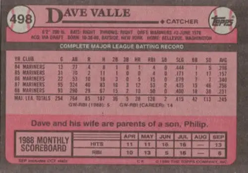 1989 Topps #498 Dave Valle NM Near Mint Mariners - Baseball Card Single