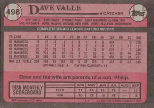 1989 Topps #498 Dave Valle NM Near Mint Mariners - Baseball Card Single
