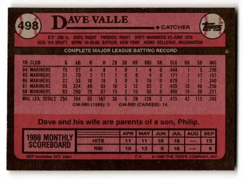 1989 Topps #498 Dave Valle Seattle Mariners Baseball Cards EX/NM ID:61564 - Baseball Card Single