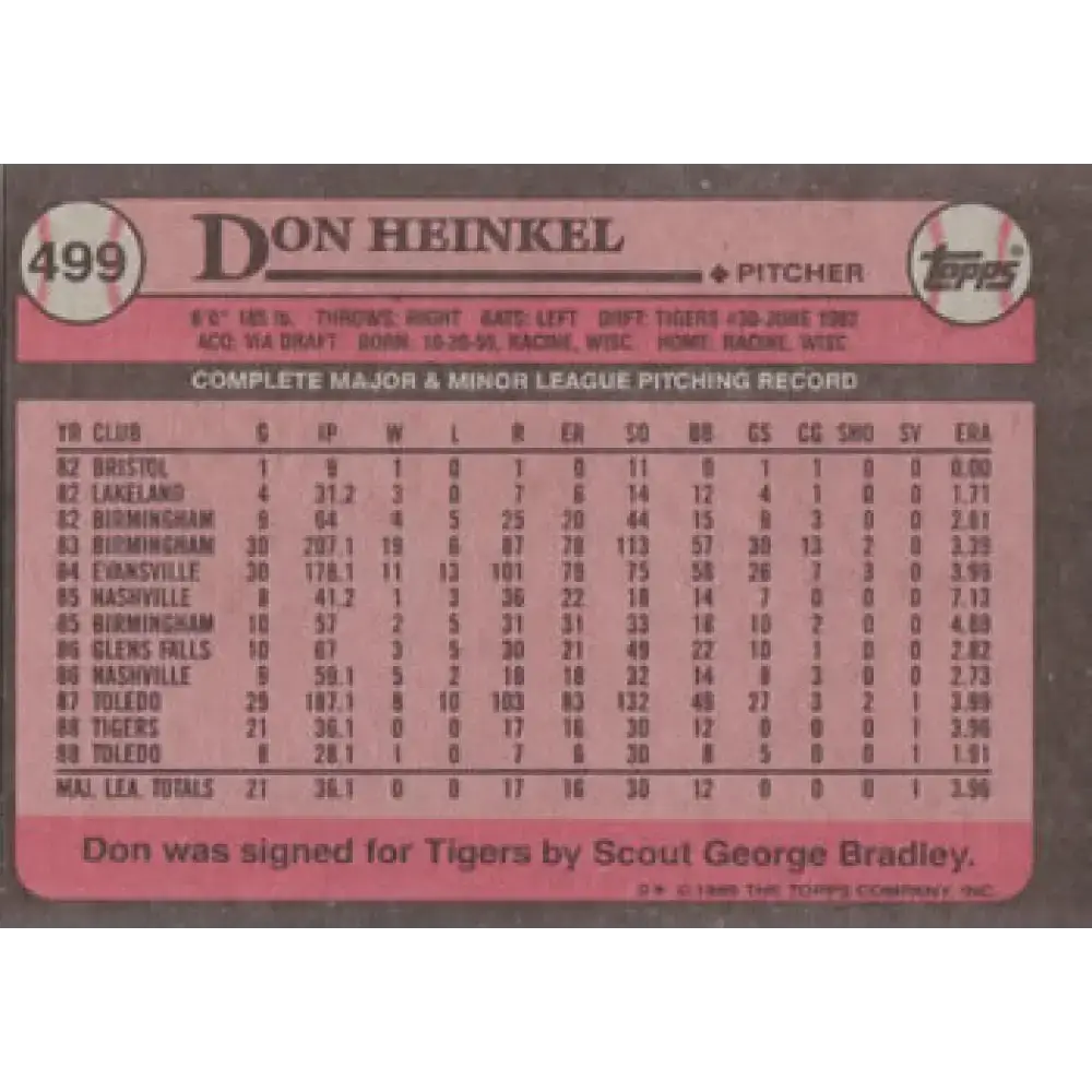 1989 Topps #499 Don Heinkel NM-MT Detroit Tigers Baseball Card - Baseball Card Single