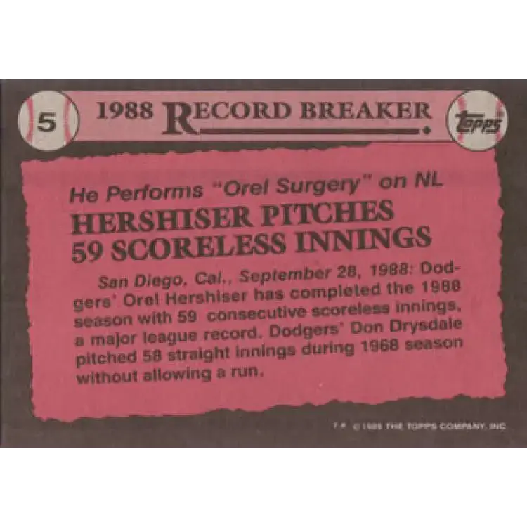 1989 Topps #5 Orel Hershiser RB NM-MT Los Angeles Dodgers Baseball Card - Baseball Card Single
