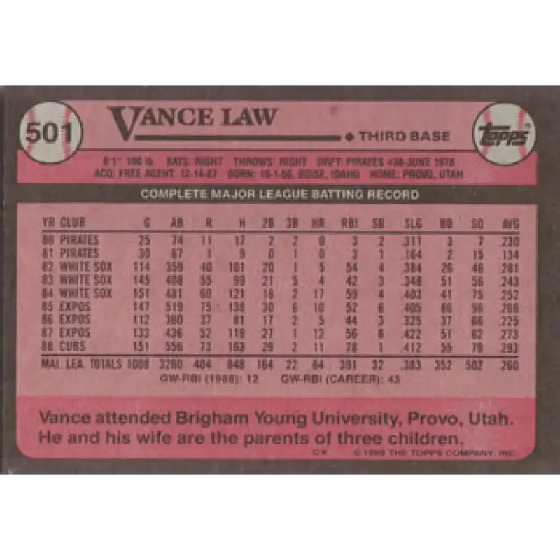 1989 Topps #501 Vance Law NM-MT Chicago Cubs Baseball Card - Baseball Card Single