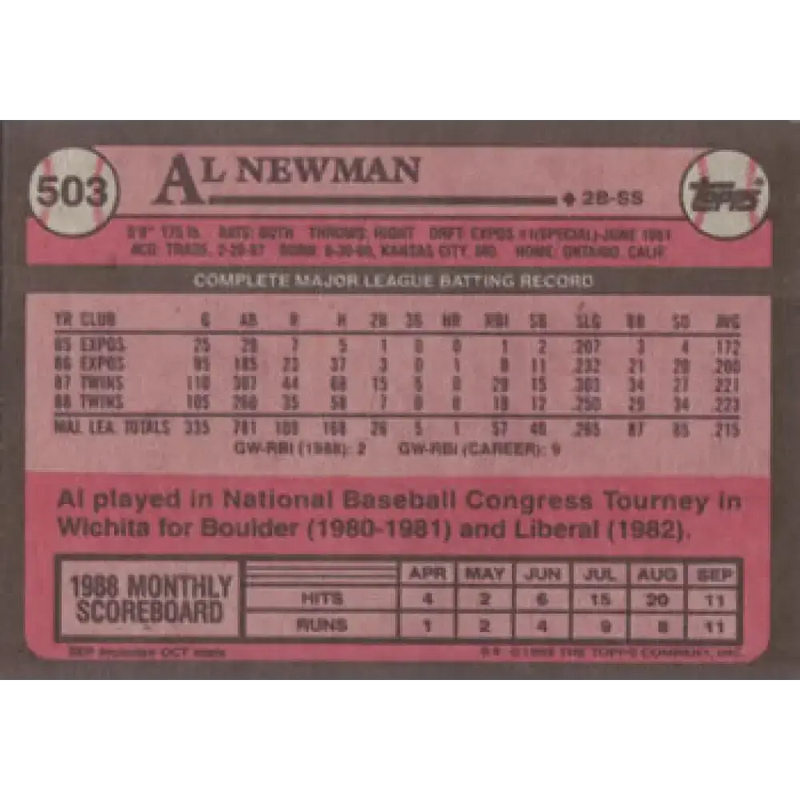 1989 Topps #503 Al Newman NM-MT Minnesota Twins Baseball Card - Baseball Card Single