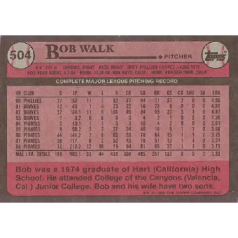 1989 Topps #504 Bob Walk NM-MT Pittsburgh Pirates Baseball Card - Baseball Card Single