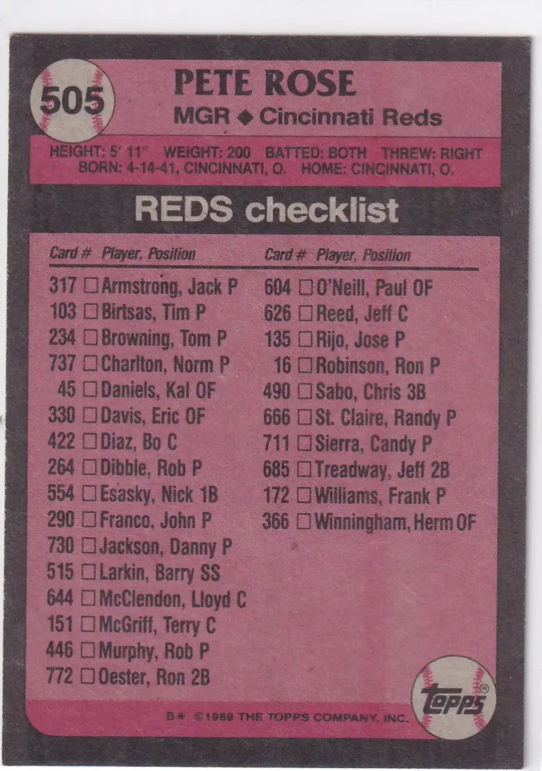 1989 TOPPS #505 PETE ROSE- CINCINNATI REDS