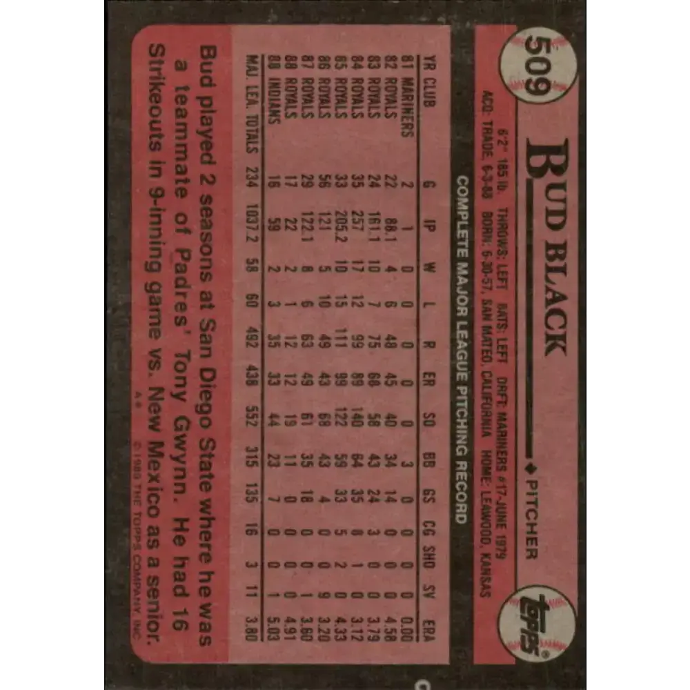 1989 Topps #509 Bud Black NM-MT Cleveland Indians Baseball Card - Baseball Card Single