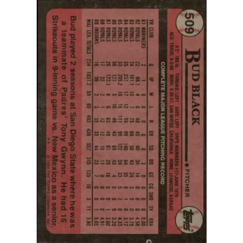 1989 Topps #509 Bud Black NM-MT Cleveland Indians Baseball Card - Baseball Card Single
